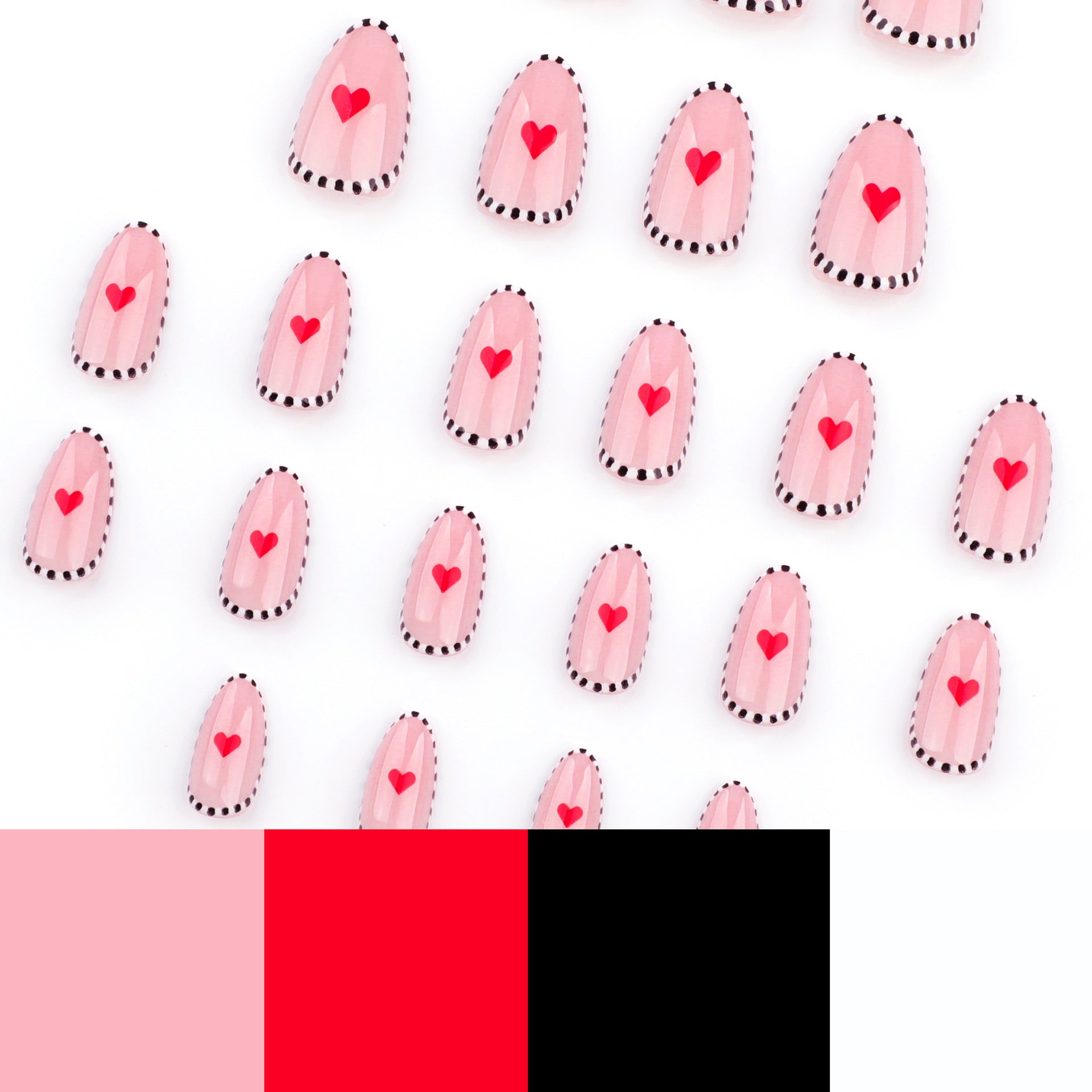 Uñas cortas con rayas blancas y negras para usar, uñas postizas sencillas para el día de San Valentín, uñas postizas con diseño de almendras, pieza de uña｜365nails