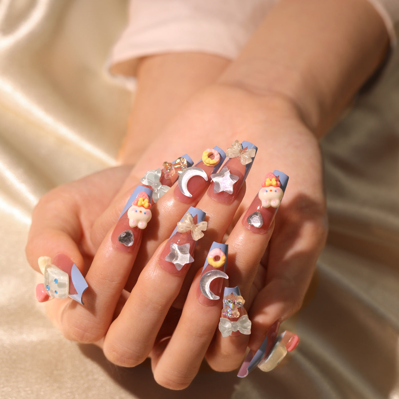 Manicura de luna y estrella de dibujos animados en tres dimensiones, estilo veraniego, con diseño de viento, para presionar sobre las uñas, con un lindo conejo de dibujos animados, armadura para presionar | 365nails