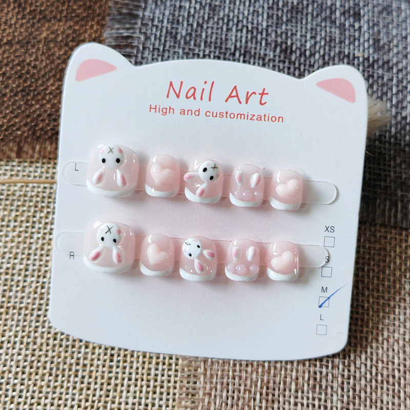 365nails: "peach french bunny" – short round handmade kids press-on nails