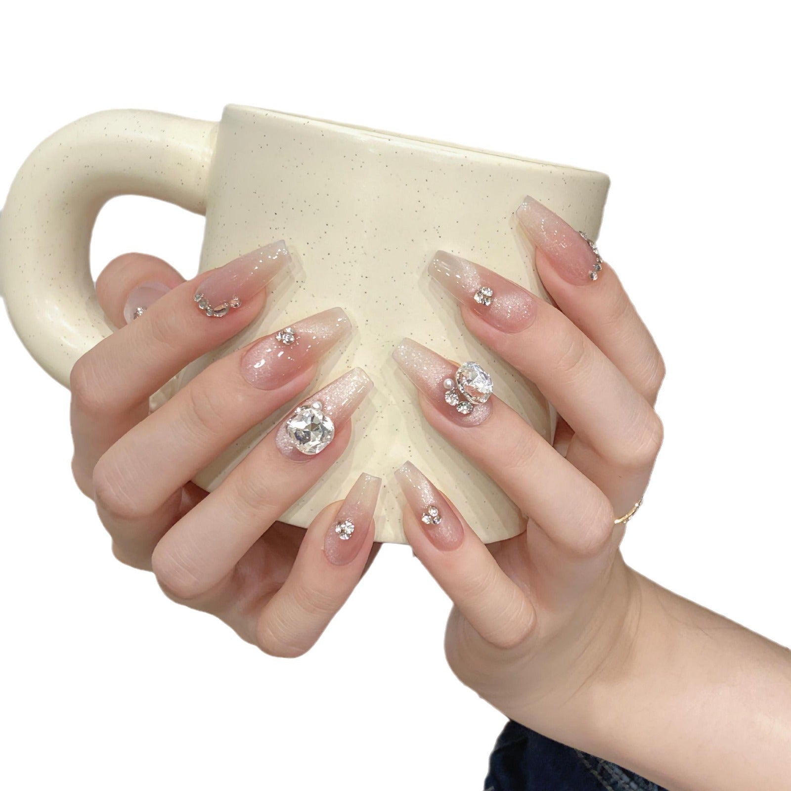 365nails: "Starlight Whisper" – 3D Gem & Cat Eye Handmade Coffin Nails