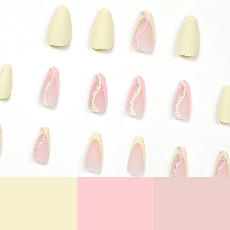 Unhas postiças manicure francesa fresca linha amarela rosa glitter unhas foscas peça unhas postiças unhas removíveis ｜365nails