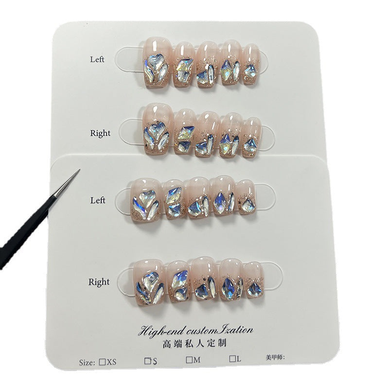 Summer fresh moonlight blue bright diamond short manicure patch detachable fake nails pure handmade press-on nails wholesale｜365nails