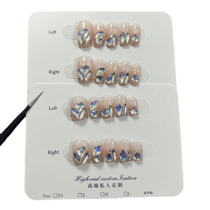 Summer fresh moonlight blue bright diamond short manicure patch detachable fake nails pure handmade press-on nails wholesale｜365nails