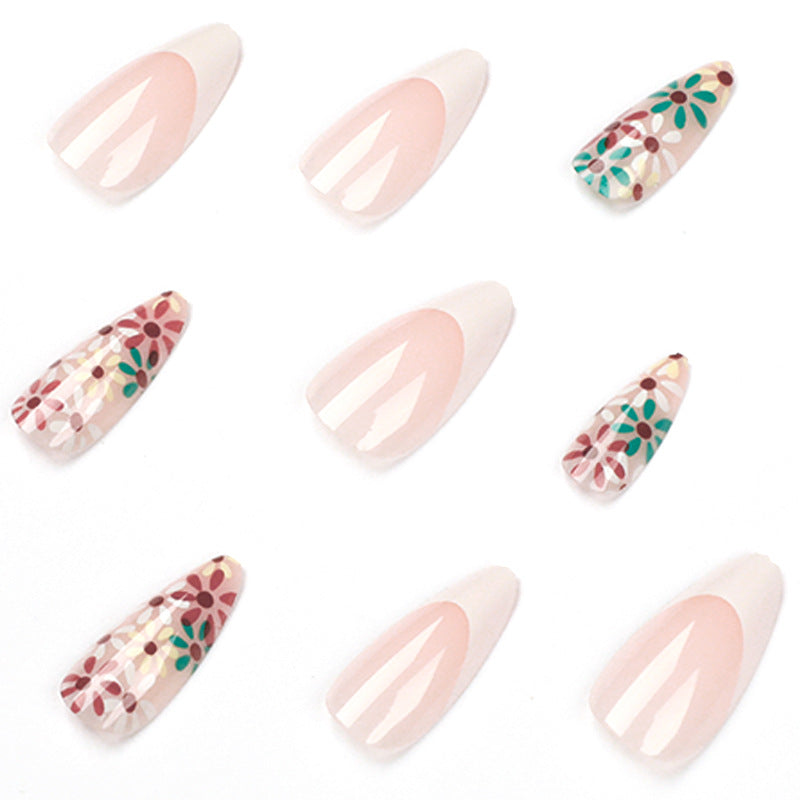 Uñas postizas con borde blanco de verano, flores francesas rojas y verdes, uñas especiales, uñas postizas, uñas postizas, uñas postizas, uñas postizas, uñas postizas｜365nails