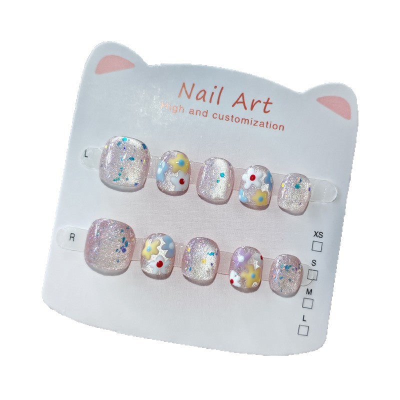 365nails: "sparkling pastel floral" – short wide handmade kids press-on nails