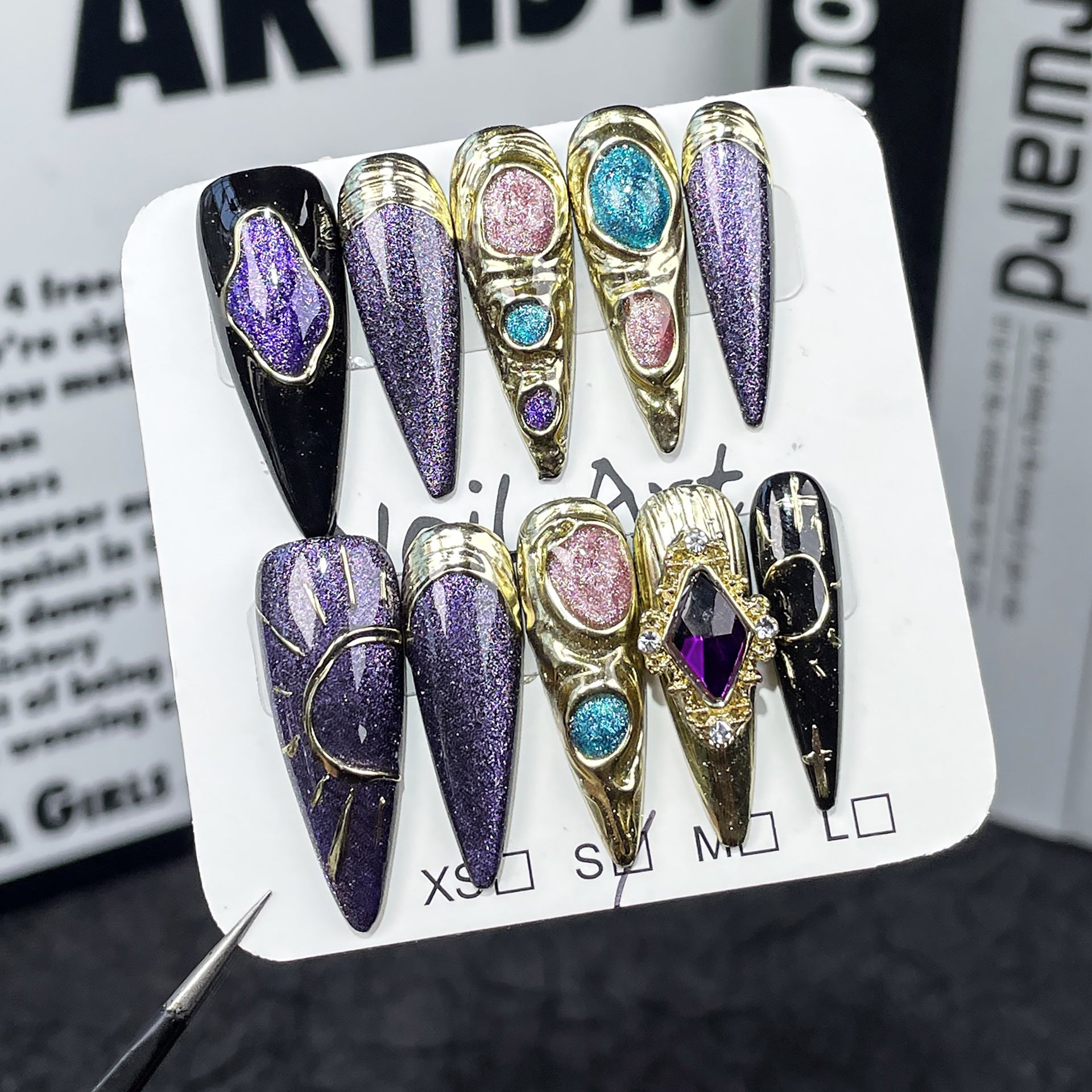 Galactic Amethyst Gold Frame Long Press-On Nails