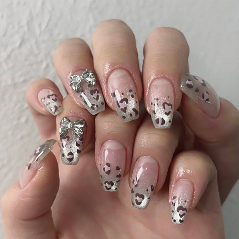 Silver Glitter Leopard Nails with Cute Metallic Bows