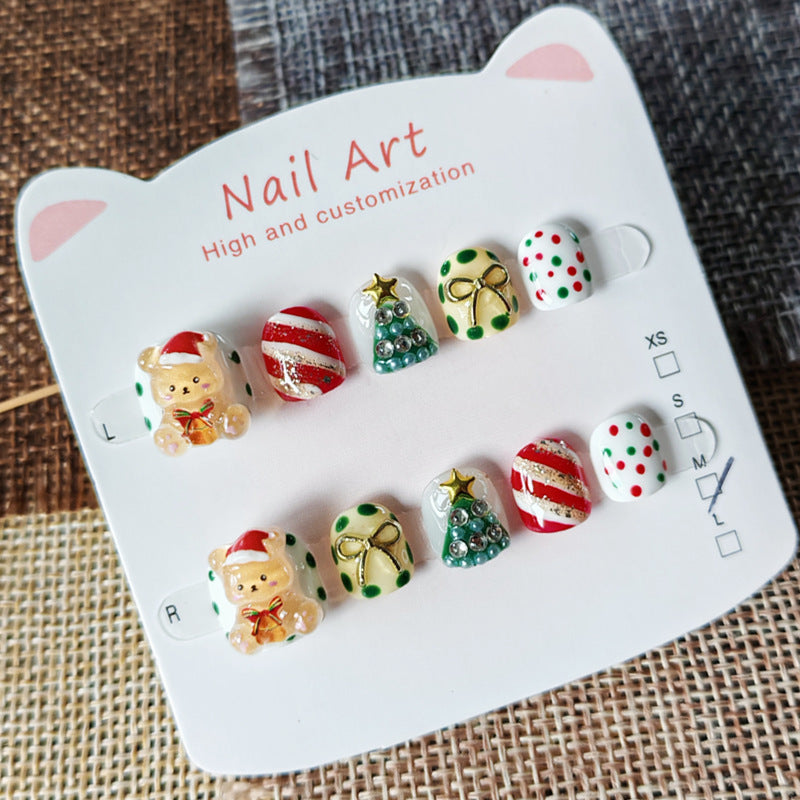 365nails: "festa do urso de natal" – unhas postiças redondas curtas artesanais para crianças