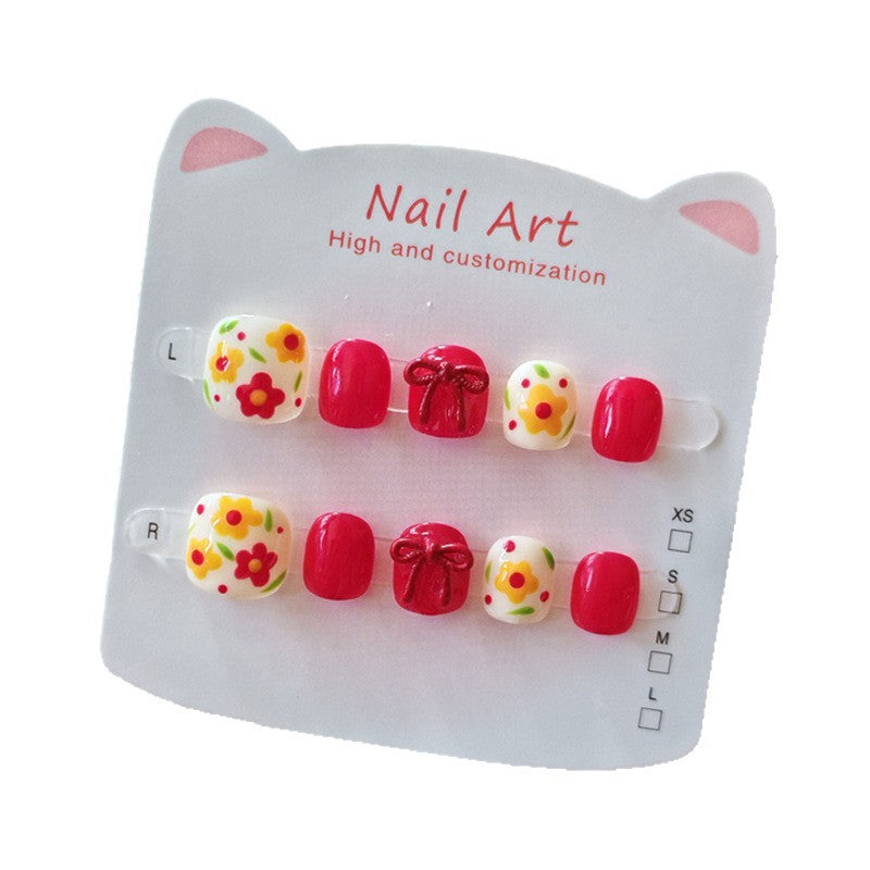 365nails: "retro red floral" – unhas postiças redondas curtas artesanais infantis