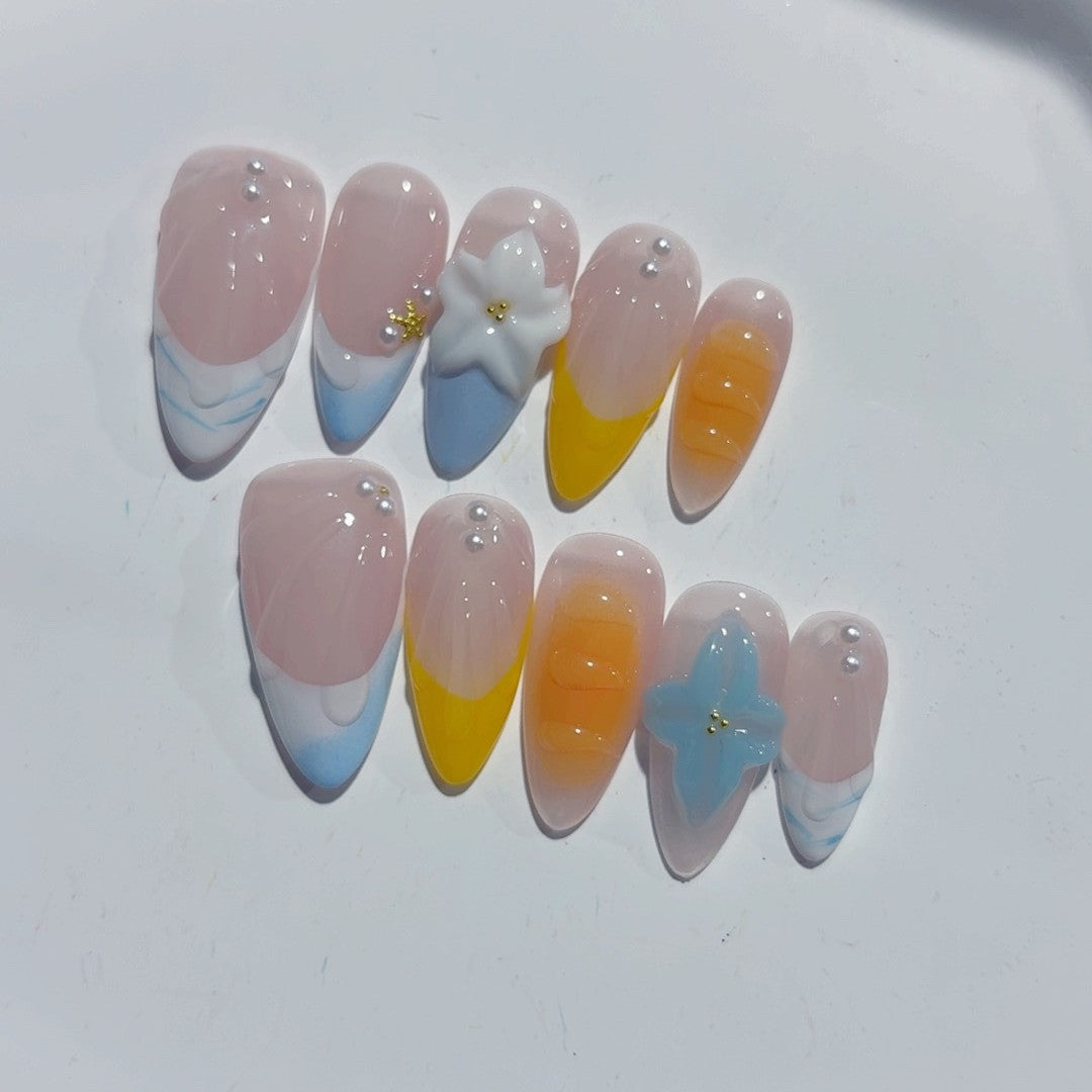 365nails-海濱之夢：「景泰藍綻放」— 杏仁形 手工製 3D 雕刻 穿戴甲