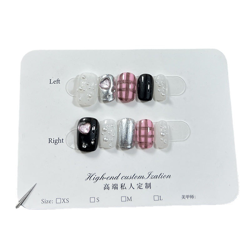 Cute Plaid Pearl Silver Chrome Mixed Short Press-On Nails