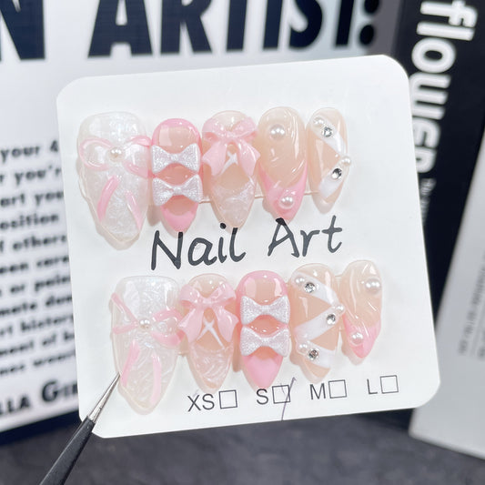 Ballet Shoes Pure Desire Sweet Embossed Hand-painted Bow Handmade Wearing False Nail Patch｜365nails
