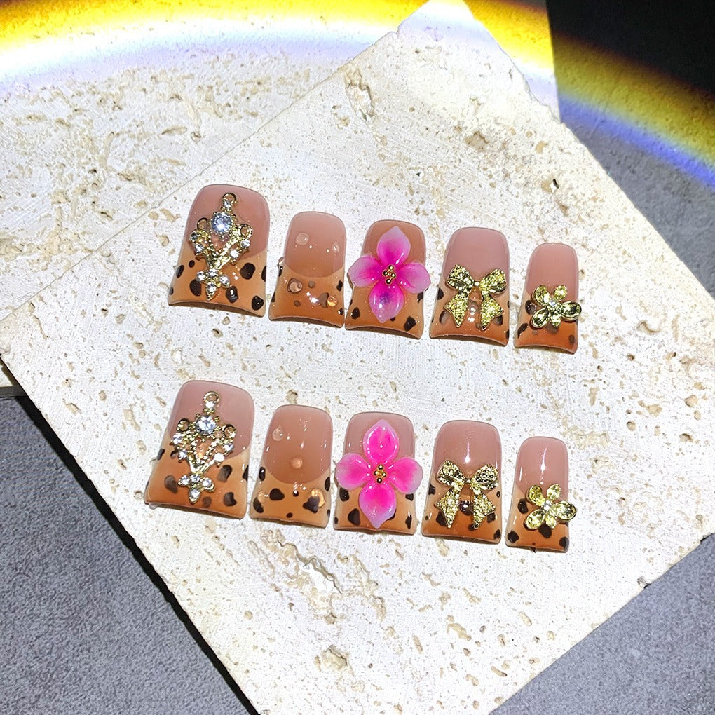 Brown Leopard Floral Duckbill Press On Nails