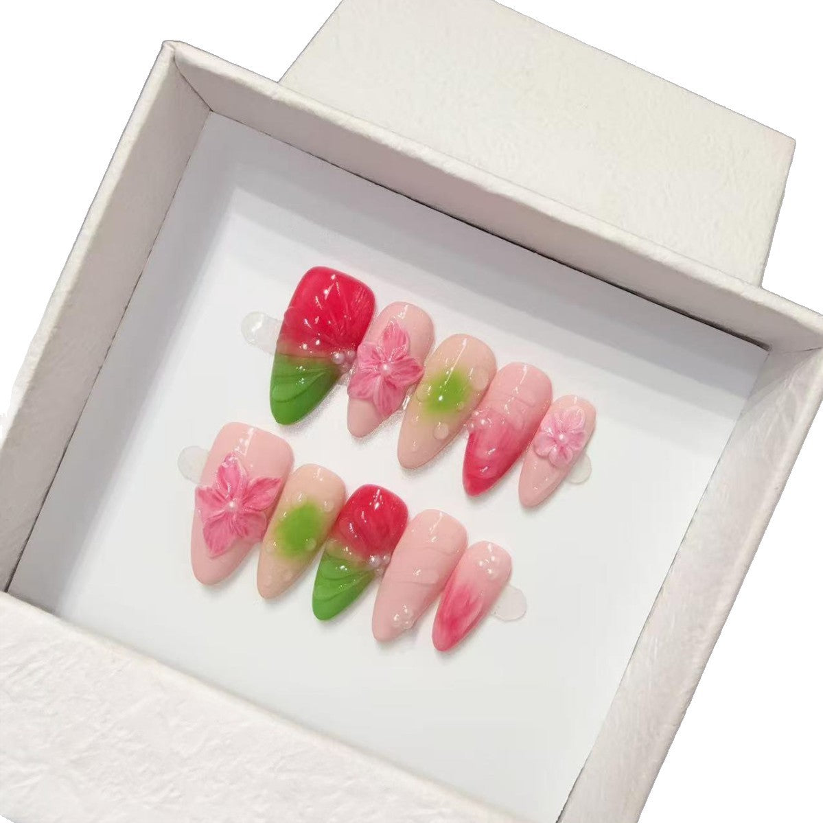 365nails: "Strawberry Mint" – 3D Floral Handmade Almond Nails