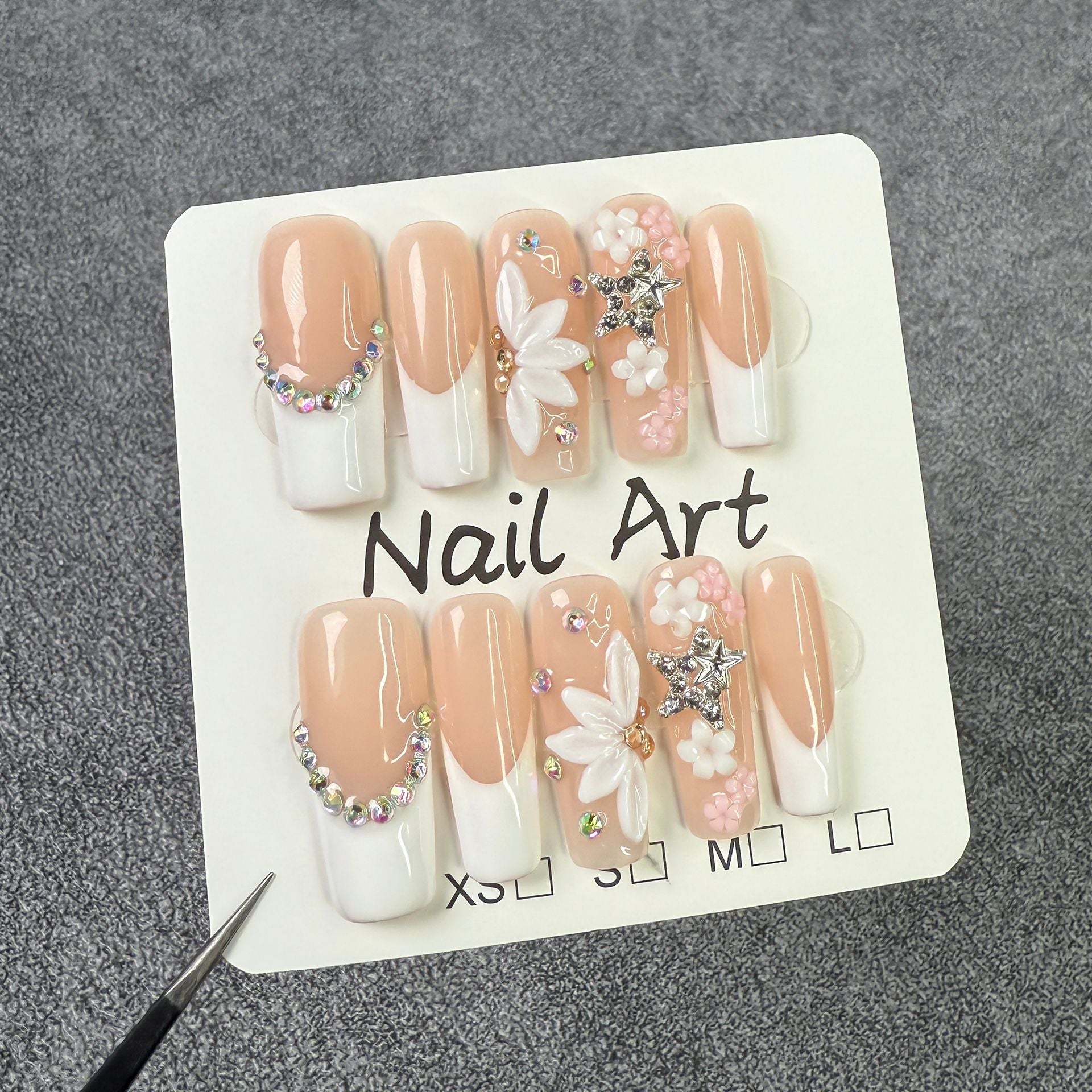 Floral Crystal French Long Press-On Nails