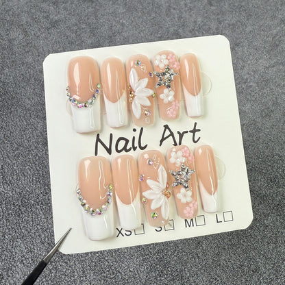 Vento doce e suave tridimensional esculpido longo remendo de unha gelo transparente francês puro desejo unhas postiças feitas à mão ｜ 365nails