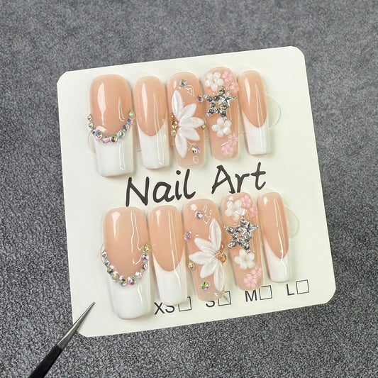 Vento doce e suave tridimensional esculpido longo remendo de unha gelo transparente francês puro desejo unhas postiças feitas à mão ｜ 365nails