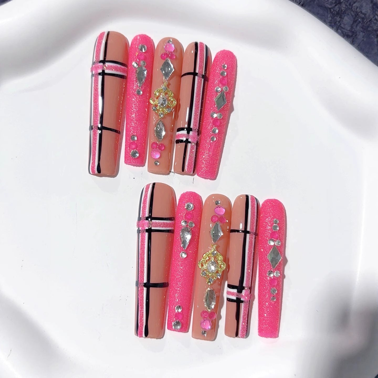 Pink Nude Crystal Stripe Glam Press On Nails