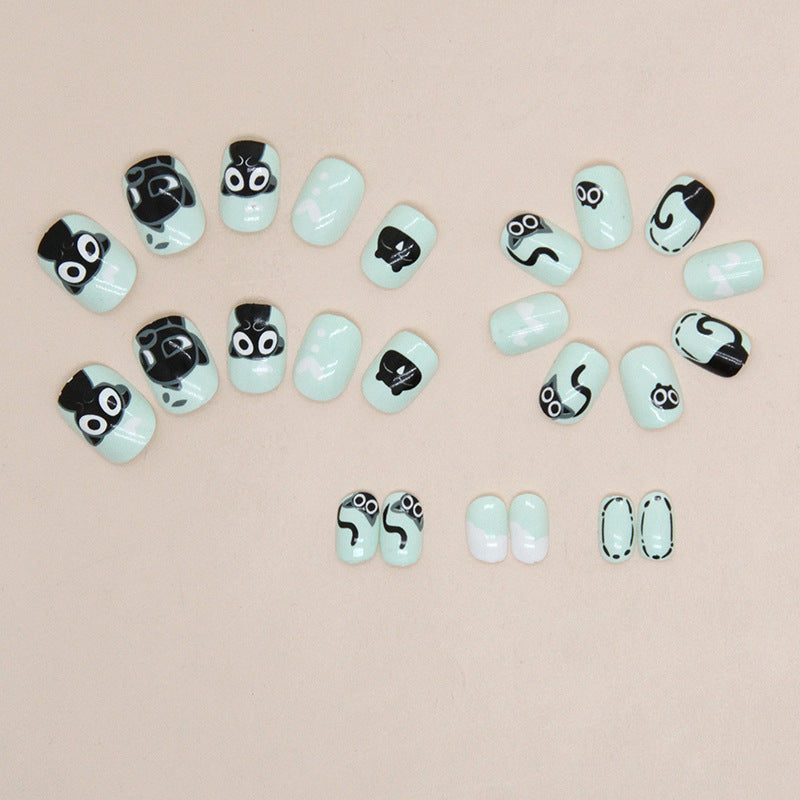 Fresh green base cute little black cat manicure kids nails｜365nails