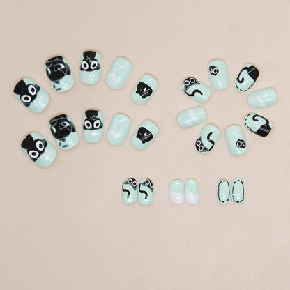 Fresh green base cute little black cat manicure kids nails｜365nails