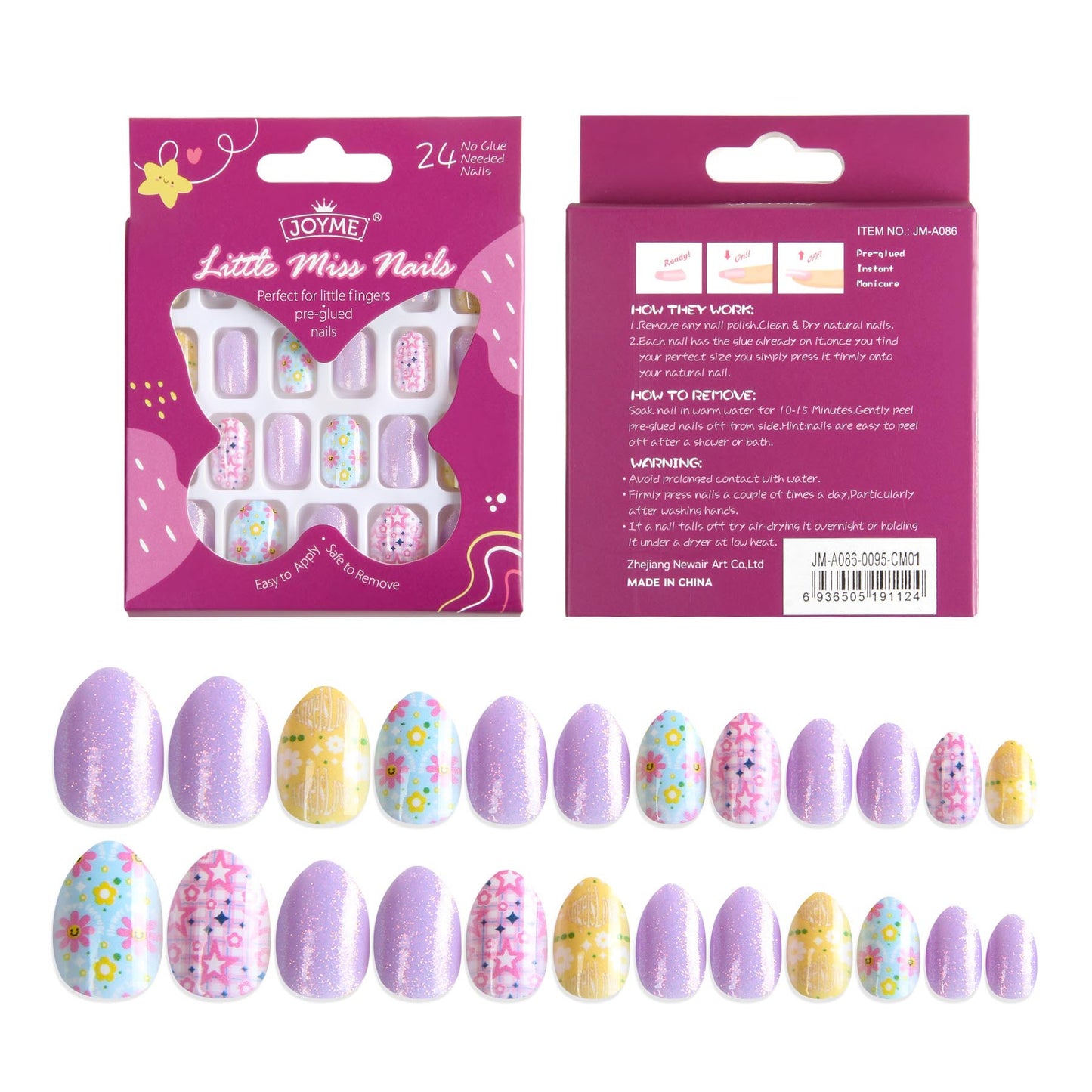 Kids press-on nails 24 pieces of almond armor cute cartoon small floral super glitter wearable 3-12