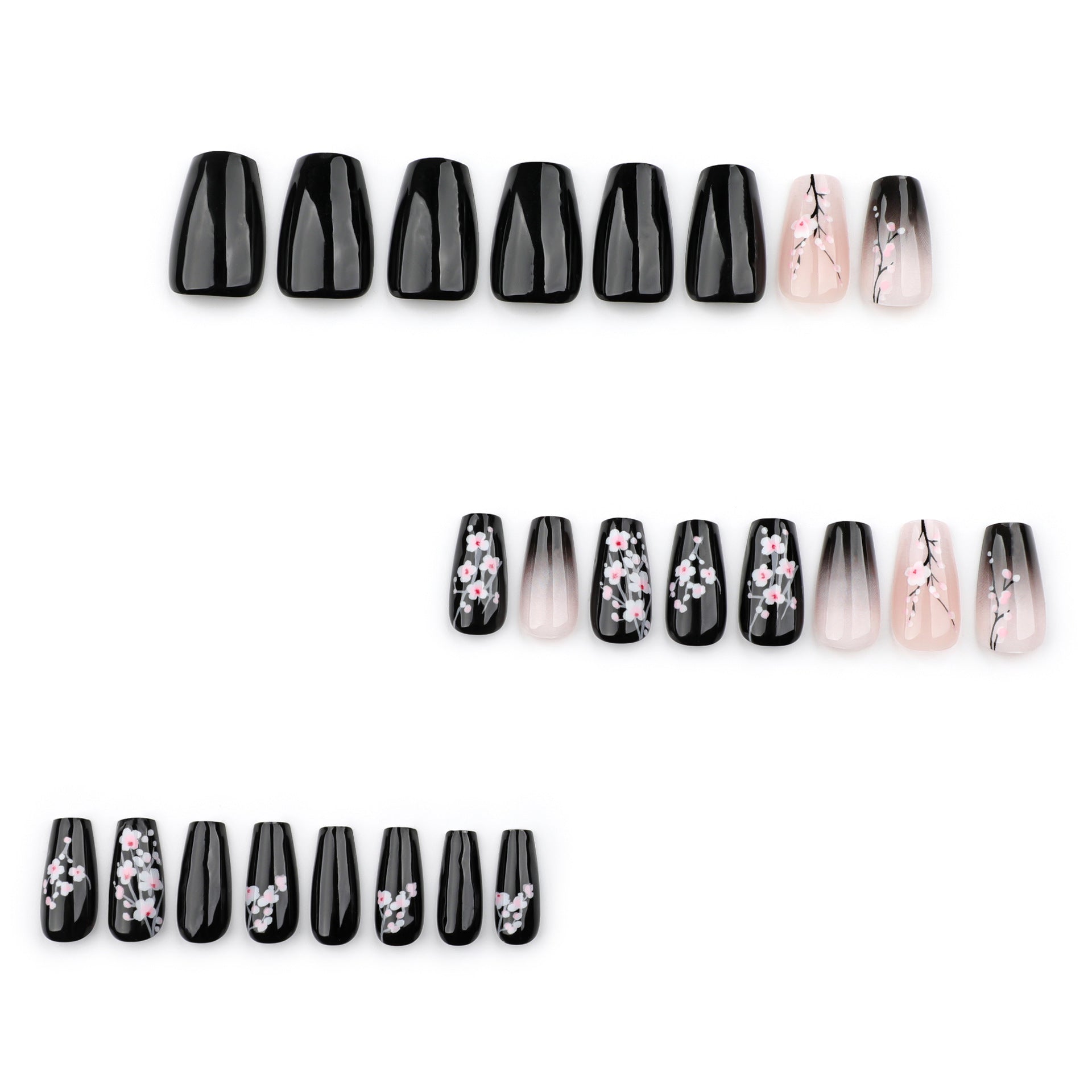 Black gradual change nail piece New Chinese plum blossom  Finished short ballet removable nail piece Wholesale｜365nails