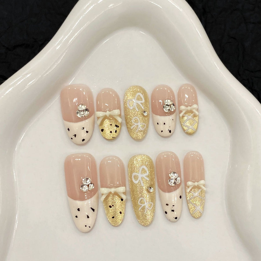 365nails: "Golden Bowknot" – 3D Ribbon & Glitter Handmade Almond Nails