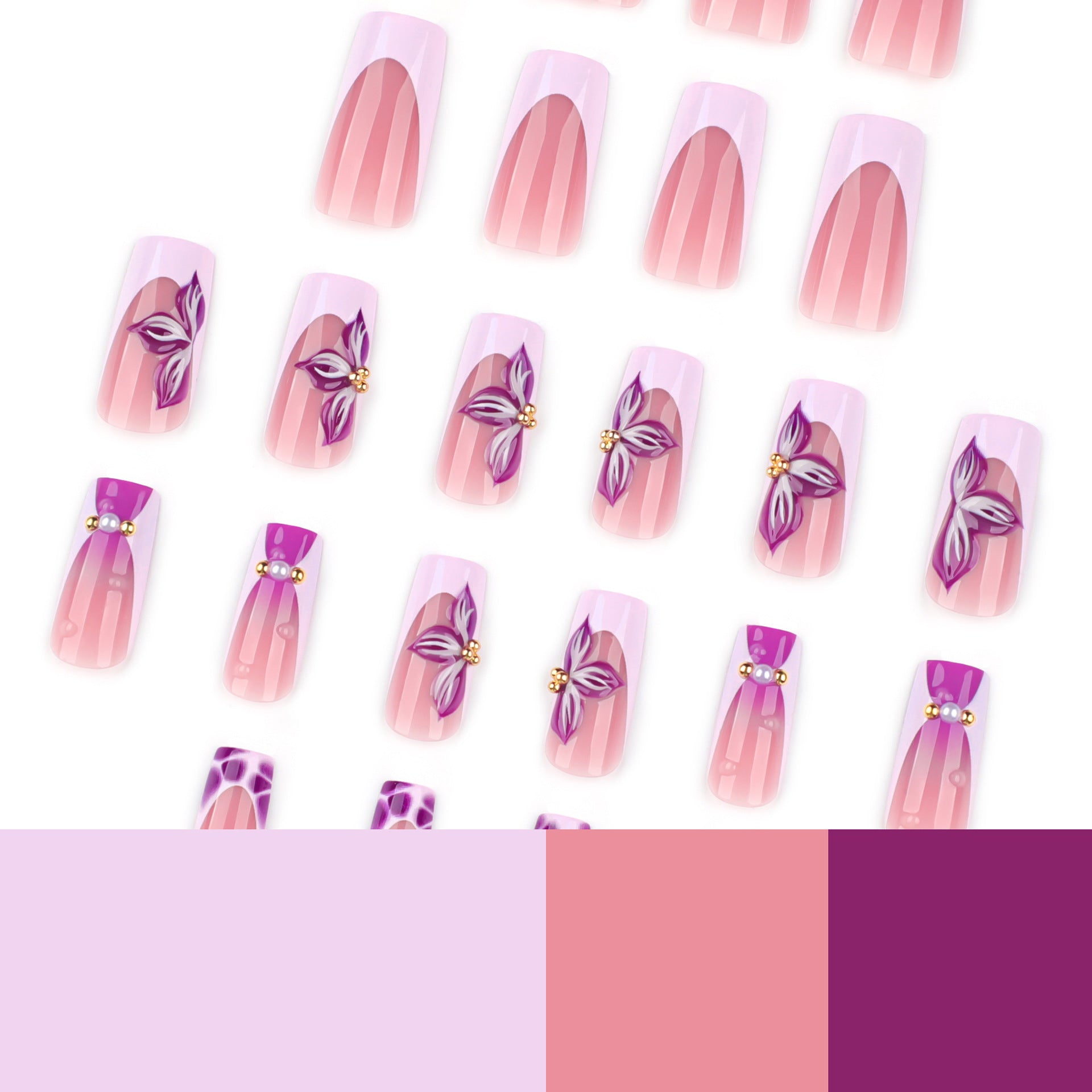 Long Square Press On Nails with Pink Base & Purple Floral & Accents