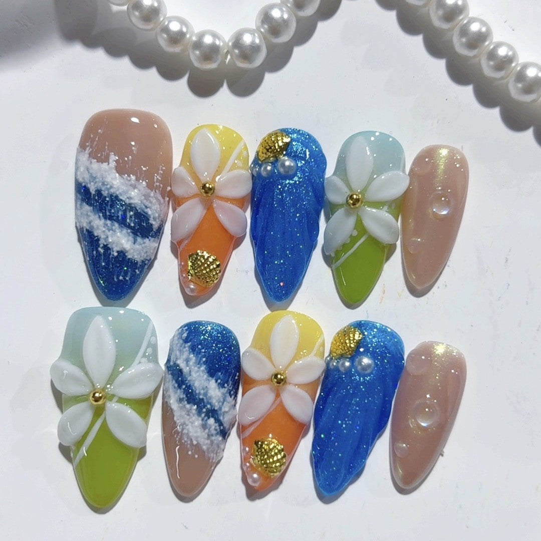 365nails - 海岸微風：海灘貝殼花 — 杏仁形 手工製 立體雕刻 穿戴甲