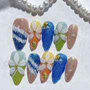 365nails - 海岸微風：海灘貝殼花 — 杏仁形 手工製 立體雕刻 穿戴甲