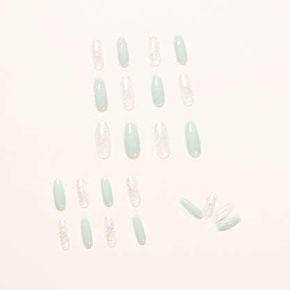 Ice transparent blue glitter powder press on nail wear finished nail art fake nail nail art patch removable nail piece｜365nails