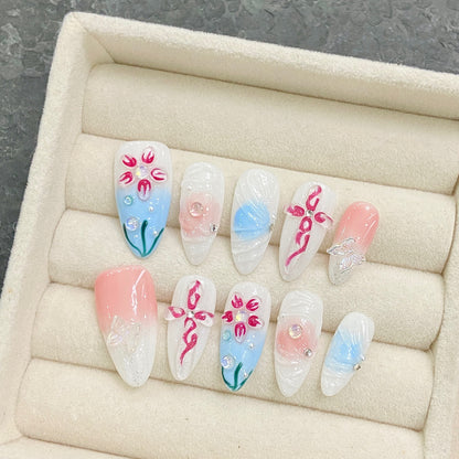 Pure handmade nails underwater world blue nails retro pattern white versatile removable manicure | 365nails
