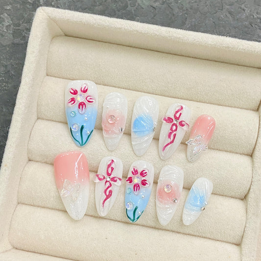 Pure handmade nails underwater world blue nails retro pattern white versatile removable manicure | 365nails