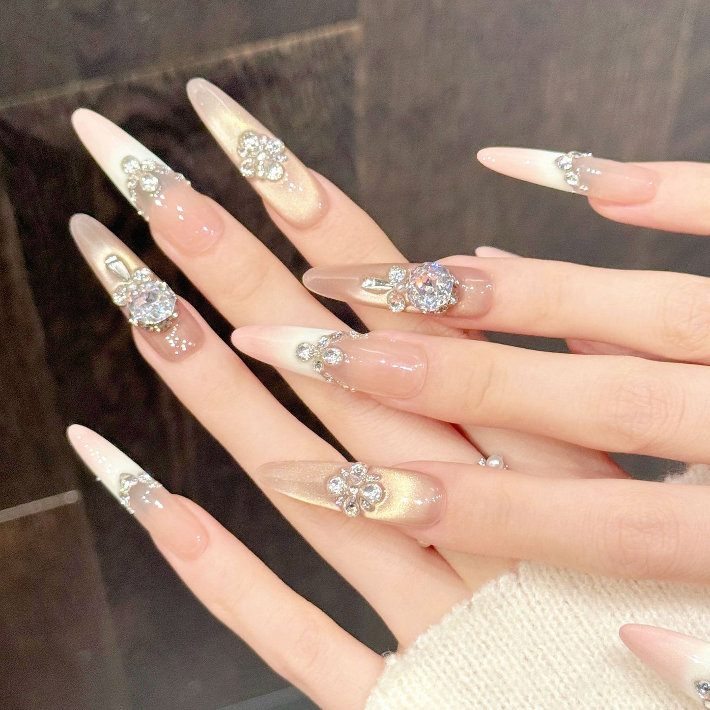 Blush Nude Crystal Luxury Gradient Press On Nails