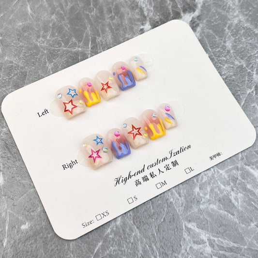 Handmade Press-on Nails Finished Nail Patch Cute Star Graffiti Short Nail Patch Detachable Wearable Nail Patch｜365nails