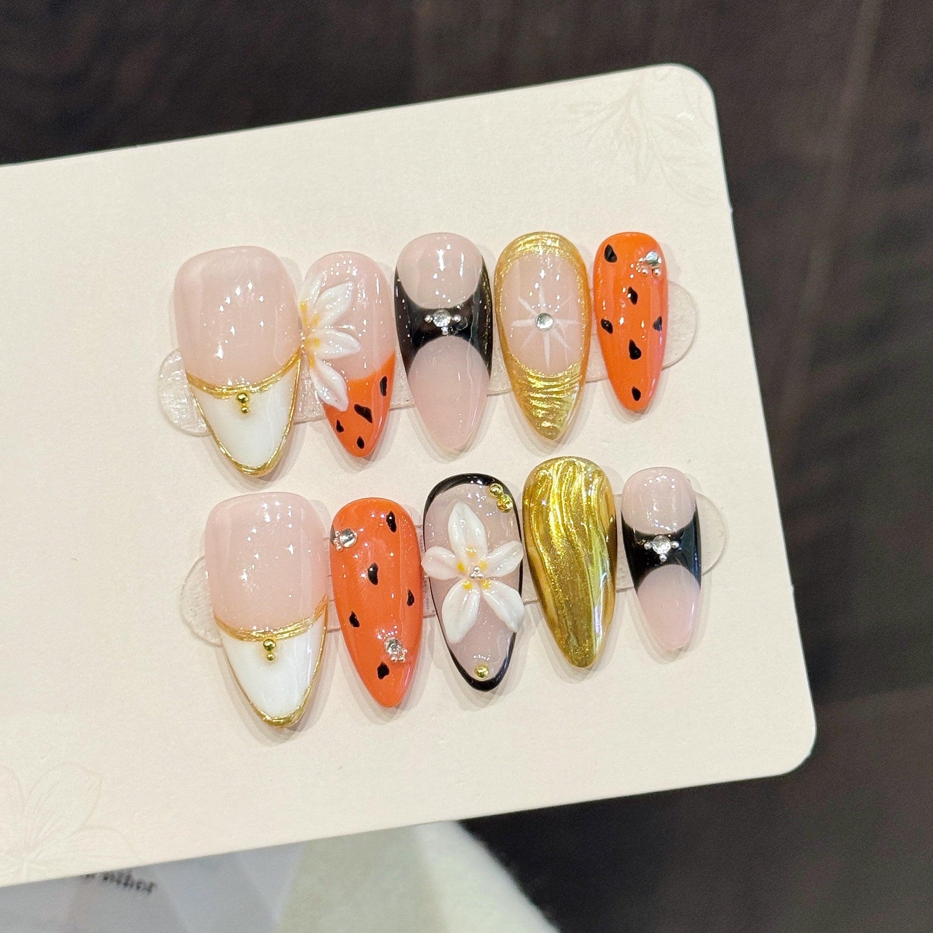 Nude Bow Chrome & Orange Cute Mix Nails