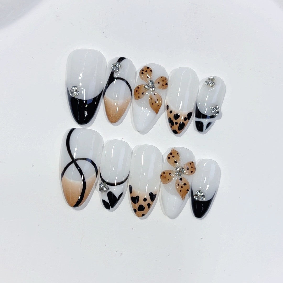 Edgy Monochrome Series: "Leopard Bikini" – Long Almond Handmade Press-on Nails