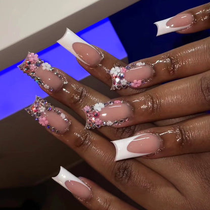 spice girls wear nail pieces medium and long flower white edge nail pieces  nail stickers nail pieces｜365nails