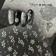 Silver Celestial Snake & Moon: "Mystic Celestial Serpent" – 5D Embossed Nail Sticker