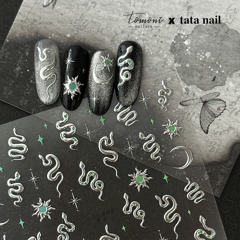 Silver Celestial Snake & Moon: "Mystic Celestial Serpent" – 5D Embossed Nail Sticker
