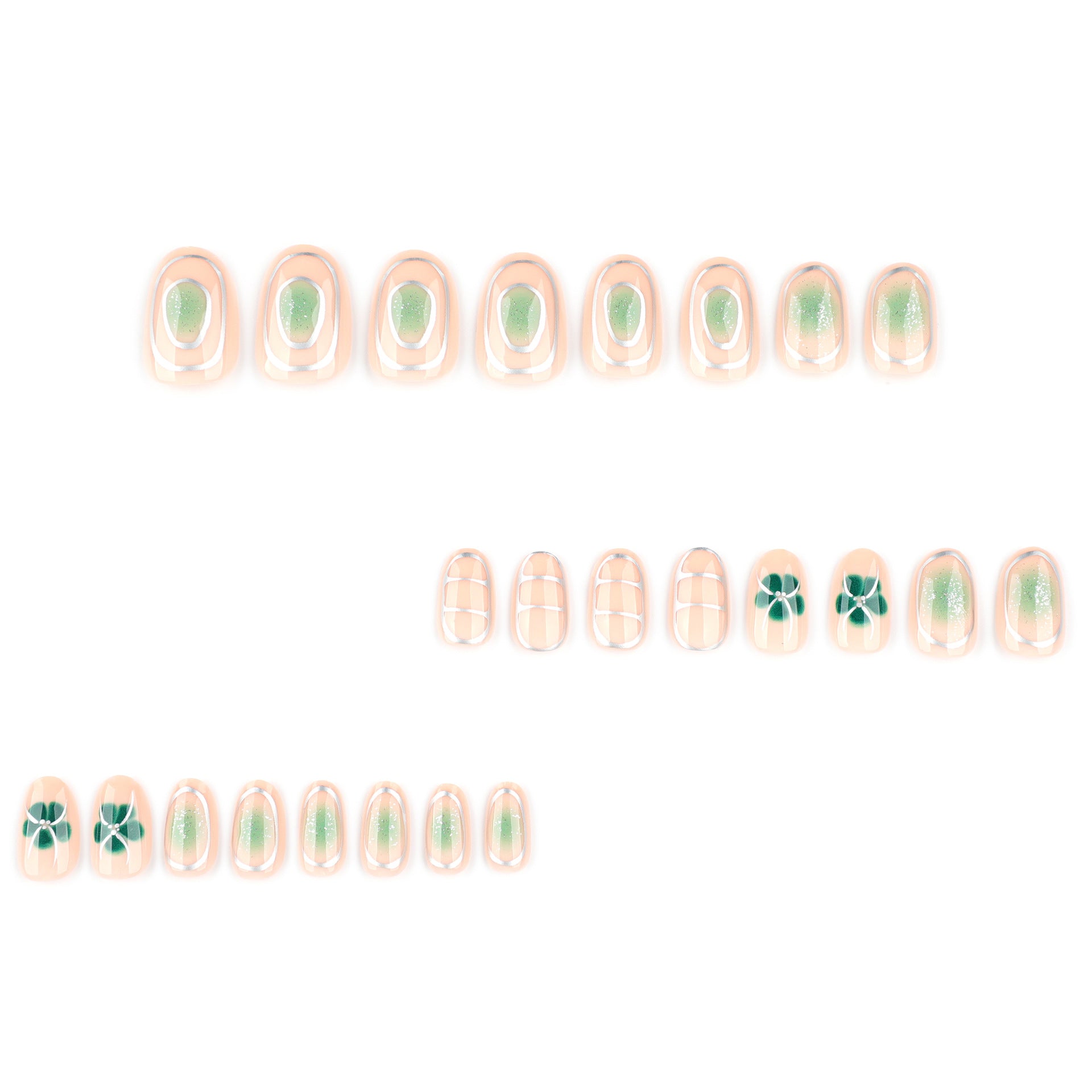 Fresh green smudges summer flowers almond-shaped press-on nails