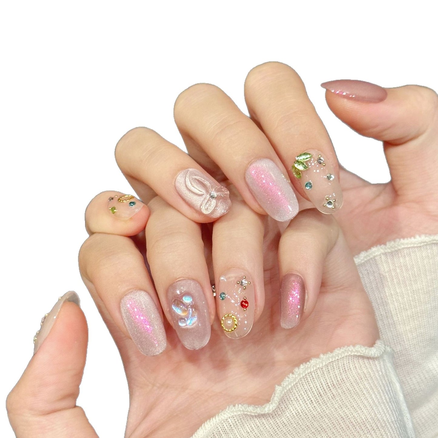 Pink Shimmer Pearl Crystal Cute Pastel Elegant Press On Nails