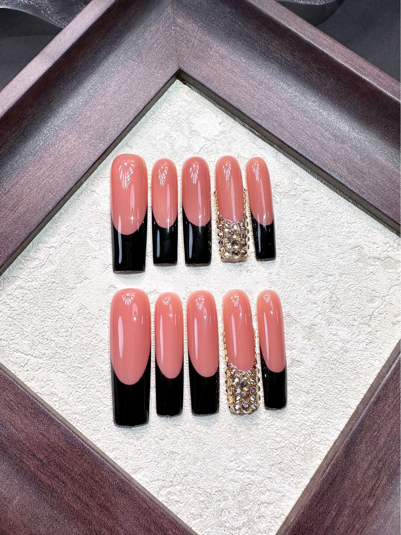 Black Tip Nude Crystal Accent Press On Nails