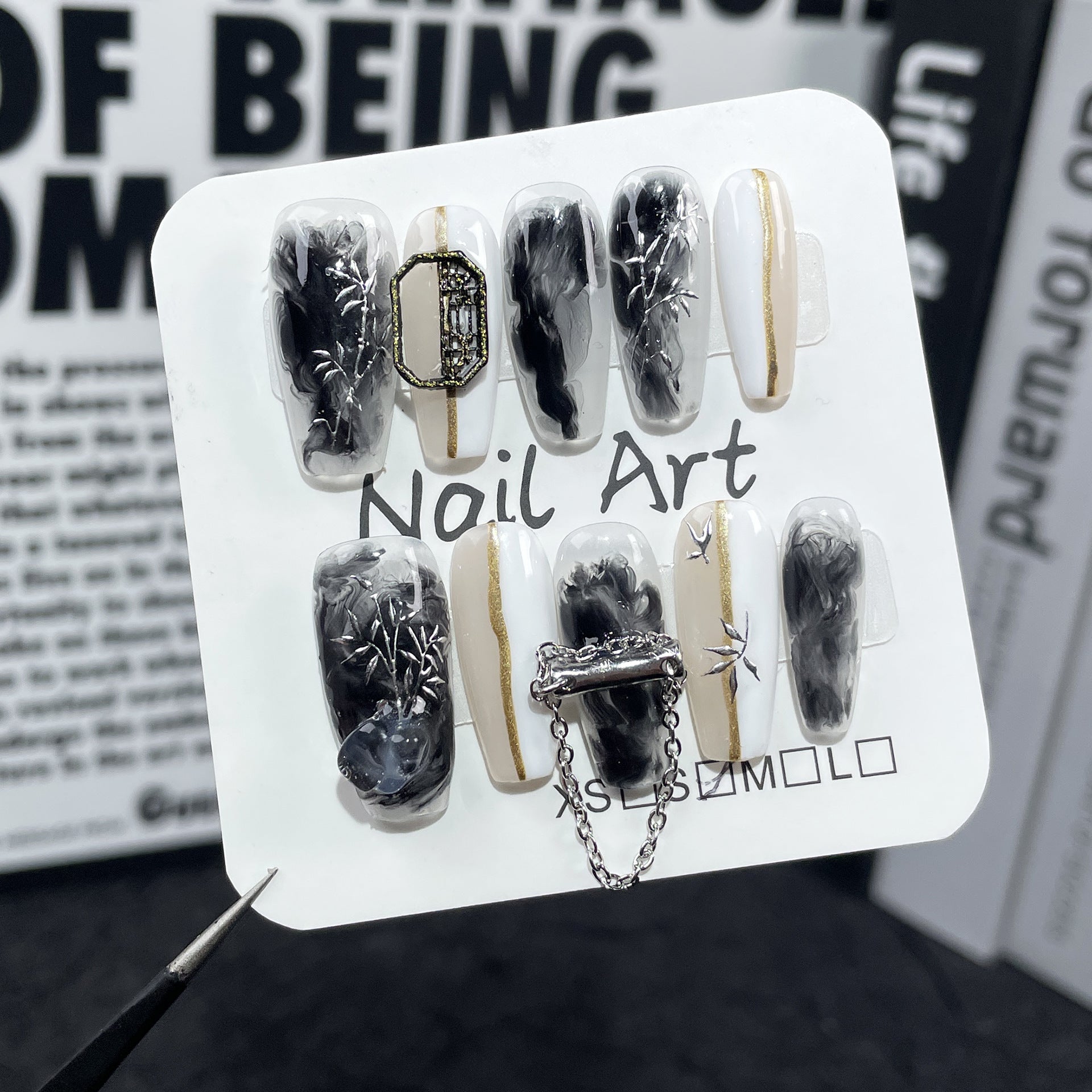 Parche de manicura china con diseño de bambú antiguo, hecho a mano, para uñas postizas, adhesivo para uñas estilo chino, para usar | 365nails