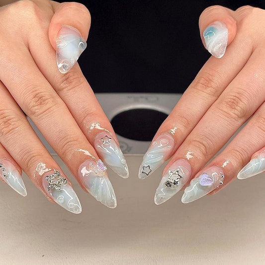 Blue smudge detachable wearable fake nail wholesale new 3D manicure nail piece love star press-on nails｜365nails