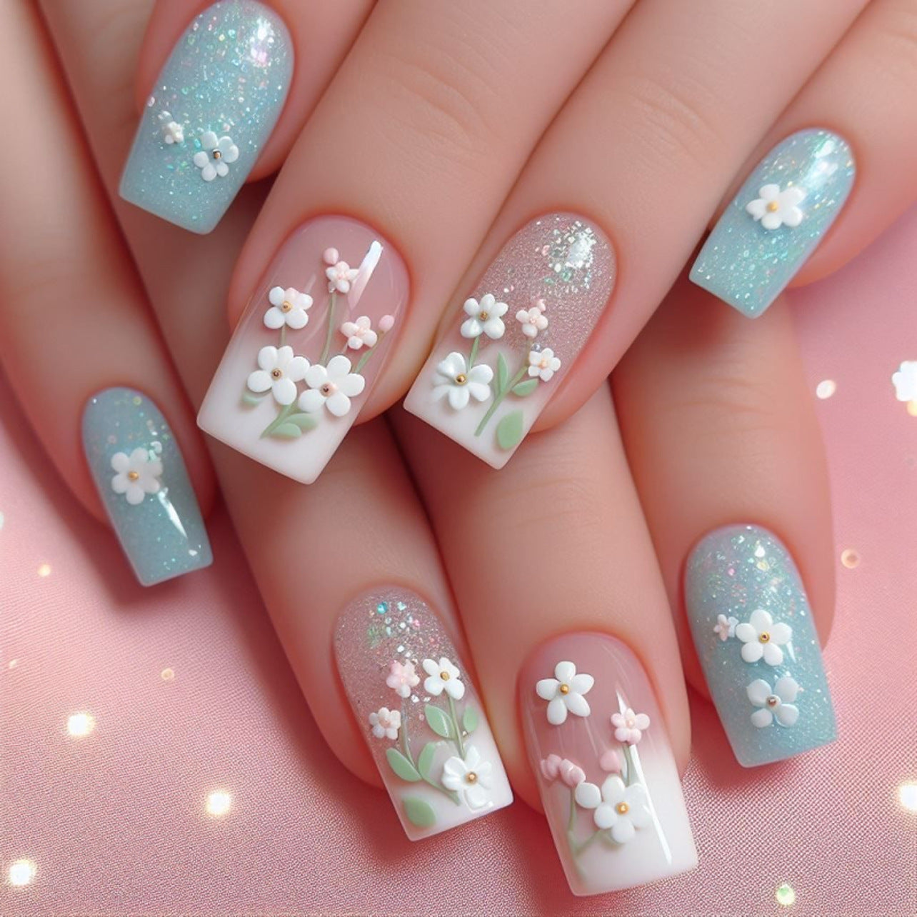 3D立體花卉美甲｜中長款與長款｜白色漸層方形穿戴甲 批發｜365nails