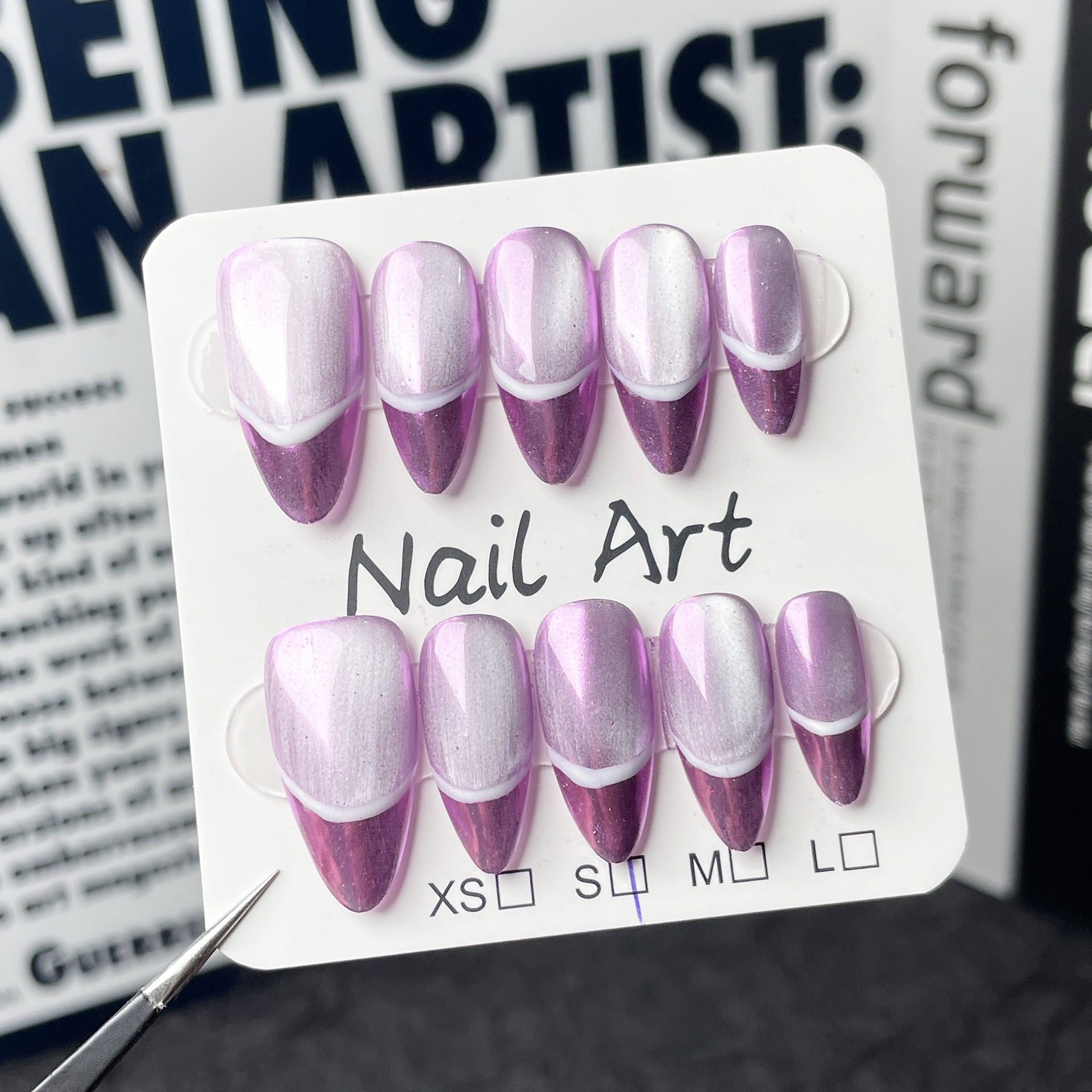 Unhas postiças artesanais estilo olho de gato francês Aurora Nail Burst Almond Nail Patch｜365nails