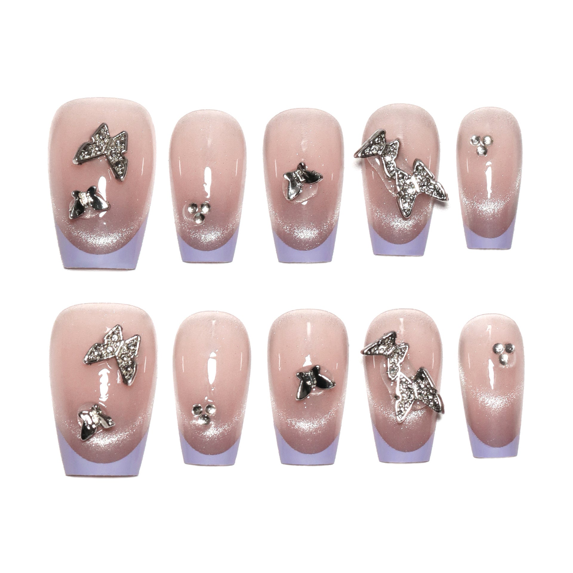 Nueva pieza de verano, uña postiza a presión, estilo francés, morado, ojo de gato, uñas a presión, uña de mariposa tridimensional, producto terminado｜365nails