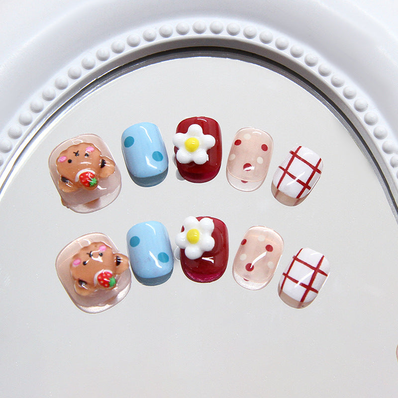 Cartoon bear flower colorful polka dot plaid cute playful ins wind fake nails kids nails｜365nails