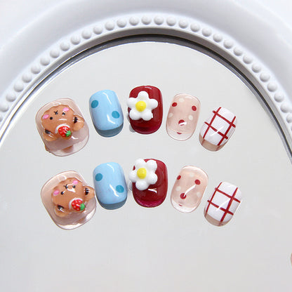 Cartoon bear flower colorful polka dot plaid cute playful ins wind fake nails kids nails｜365nails